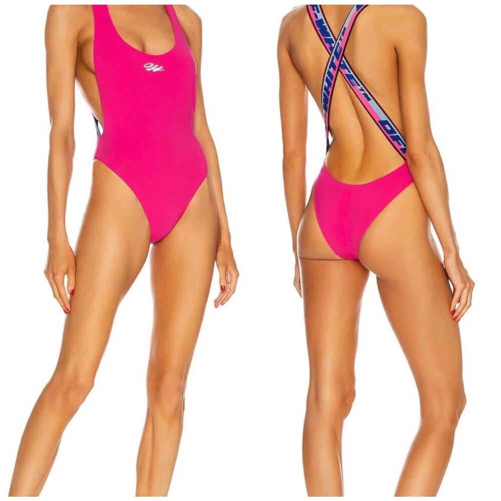 Off-White Logo-Tape Swimsuit Fuchsia/White Size 40/ Small